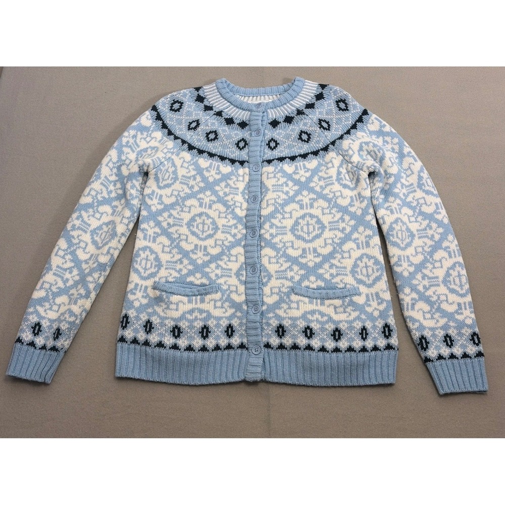 National Since 1952 Women Fair Isle Cardigan Sweater Blue White Knit Small 22525